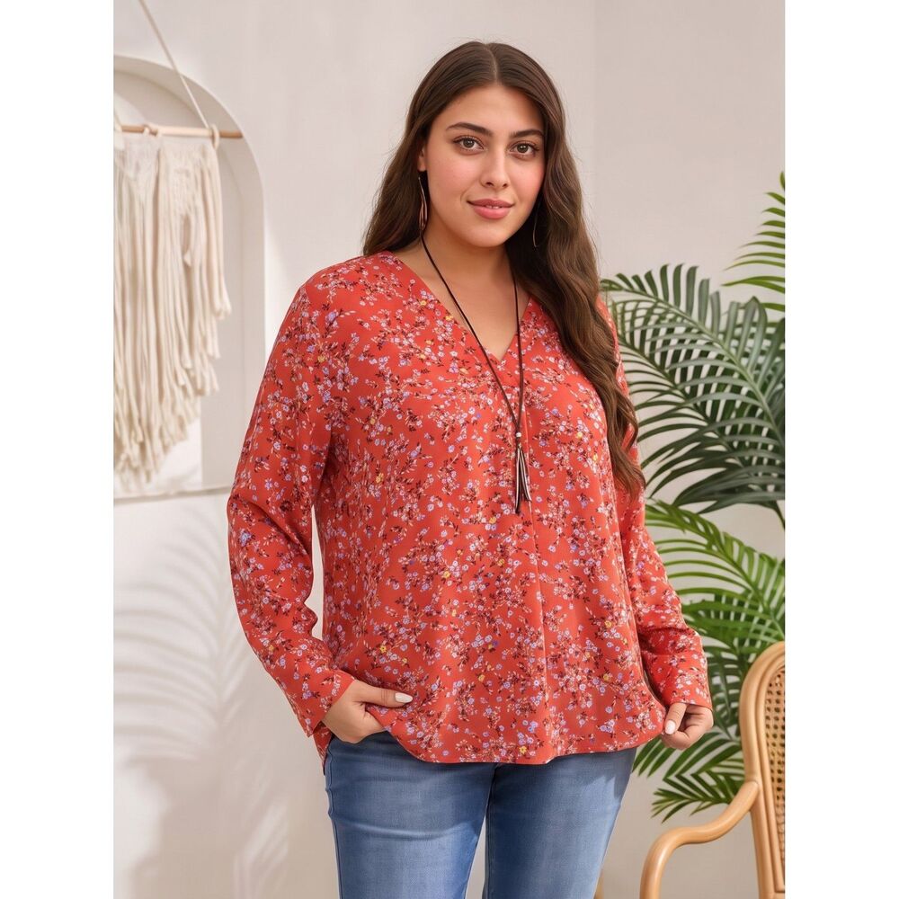 Ann Taylor Womens XL Floral V Neck Blouse Long Sleeve Red Pullover Top